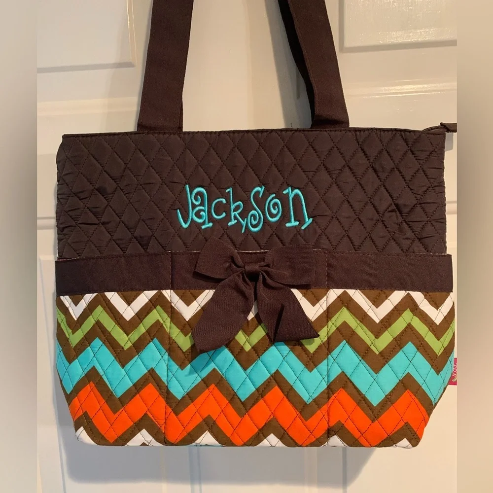 N. Gil Chevron Diaper Bag W/ Monogrammed “Jackson” New